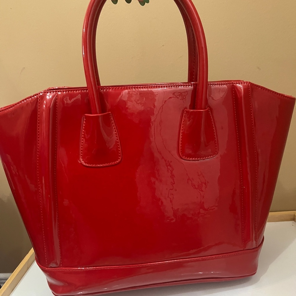Jeanne Lottie Red Patent Tote Bag Glossy Handbag Top Handle Structured Satchel - Picture 9 of 9